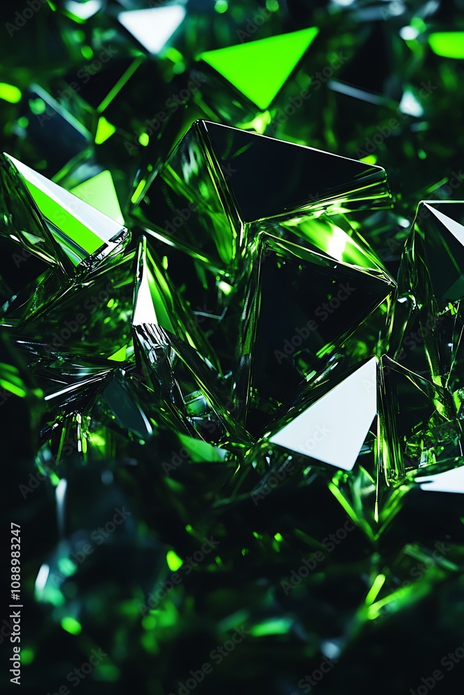 Poster abstract green crystal polygons with reflective surfaces in a dark environment creating a mysterious
