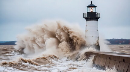 Ocean waves crashing against a lighthouse during a storm, showing the lighthouse standing strong in chaos