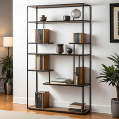 A tall bookshelf with a thin metal or wood frame and open sides for an unobtrusive, lightweight feel.