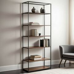 A tall bookshelf with a thin metal or wood frame and open sides for an unobtrusive, lightweight feel.