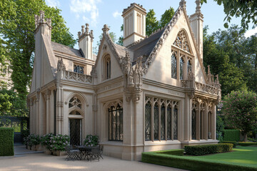 Obraz premium House. A stunning Gothic-style mansion surrounded by lush greenery, featuring intricate architectural details and elegant windows.