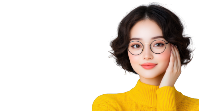 A young woman in a yellow sweater and glasses, smiling thoughtfully. Transparent background. - Powered by Adobe