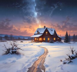 Illustration of barn with winter landscape and mountain behind.