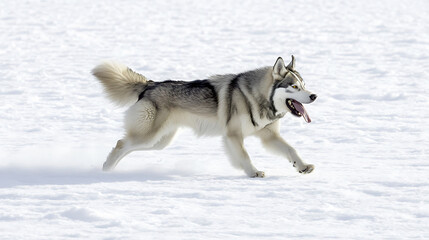 Naklejka premium Energetic Siberian husky running playfully across snowy landscape