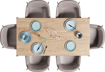 Top view of wooden dining table with chairs