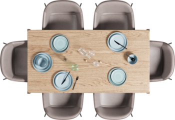 Top view of wooden dining table with chairs