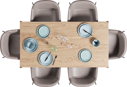 Top view of wooden dining table with chairs