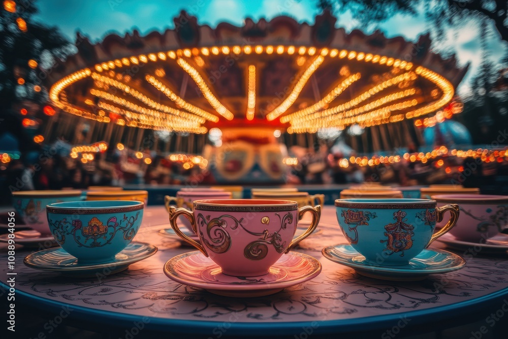 Aufkleber colorful teacups in front of a lit carousel at an amusement park.