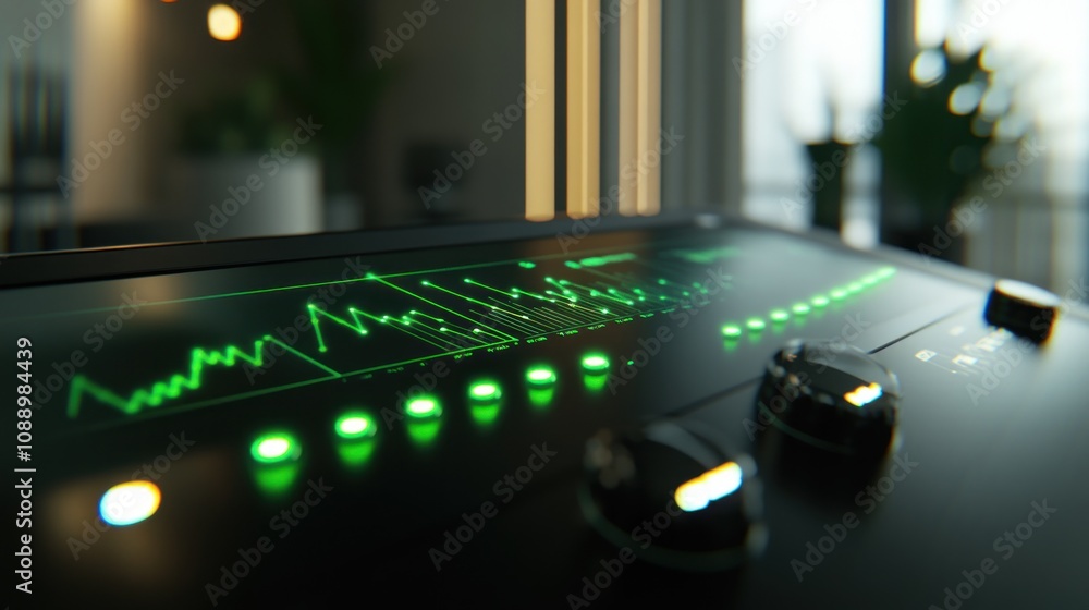 Aufkleber A close-up of a sound mixing console displaying audio waveforms and controls.