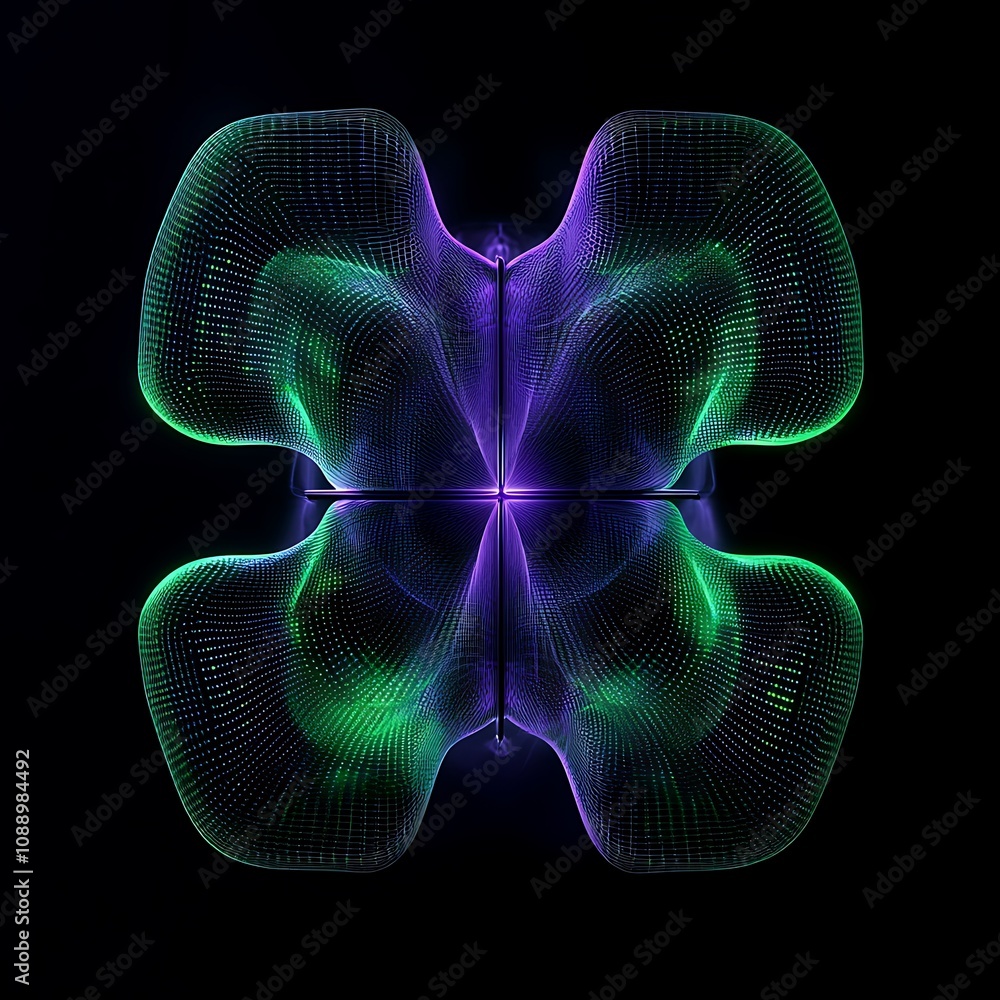 Poster abstract light wave pattern in vibrant colors forming a complex geometric shape against a dark backg