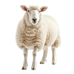 Fototapeta premium Sheep standing on green pasture with fluffy wool and calm expression isolated on transparent background cutout png