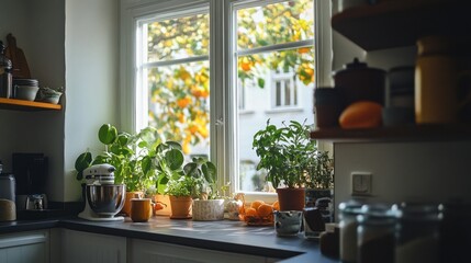Cozy Kitchen with Natural Light and Fresh Herbs, Showcasing a Vibrant Window View and Tastefully Arranged Indoor Plants in a Serene Home Environment