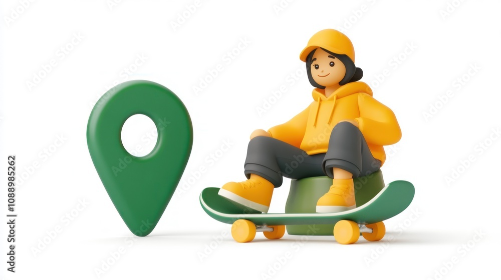 Aufkleber a 3d character on a skateboard next to a location pin, symbolizing navigation or travel.