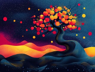 striking Pop Art illustration showcases serpent temptress playfully wrapped colorful apple tree featuring bold designs and empowering phrases vibrant backdrop.