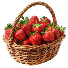 Fresh strawberries in a wicker basket isolated on transparent background cutout png
