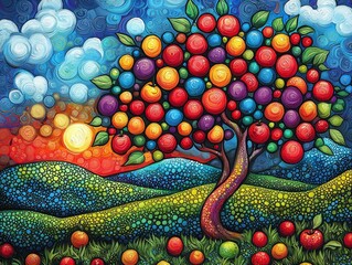 serpent temptress playfully wraps vivid apple tree adorned bold colors and patterns. Graphic elements enhance energetic Pop Art aesthetic scene.