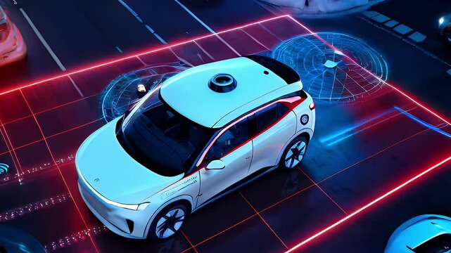 Autonomous vehicle navigating city intersection with sensor data visualization.