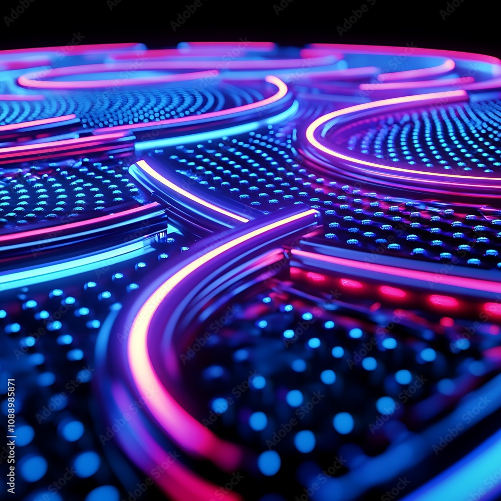 Aufkleber abstract neon light pattern with colorful curves and dots on dark background for modern art, technol