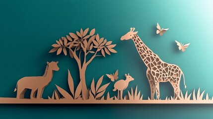 abstract background made from paper cut. Copy space over paper. Bright pastel blue, dark blue, brown and green shade tone , paper layer shape are animal and tree in safari world concept high detail