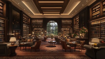 Obraz premium Elegant Interior of a Luxurious Library with Classic Decor, Warm Lighting, and Inviting Reading Spaces Surrounded by Floor-to-Ceiling Bookshelves and Cozy Furniture