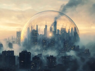 A Futuristic City Under a Glowing Dome Amid Climate Change Crisis