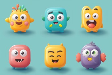 Fototapeta premium Set of cute, colorful character icons, with friendly and inviting expressions