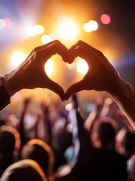 Crowd of Audience at during a concert with silhouette of a heart shaped hands shadow, light illuminated is power of music concert	