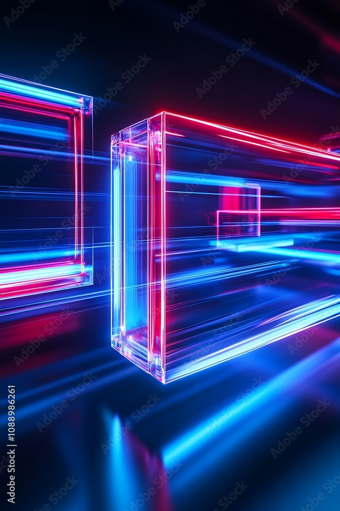 Poster abstract neon light shapes glowing in a dark space, creating a mesmerizing dynamic movement, perfect