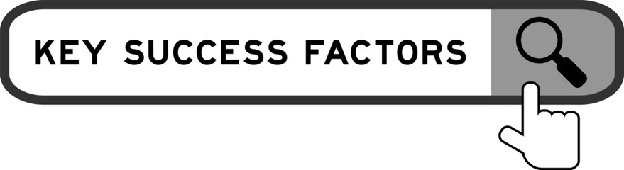 Search banner in word key success factor with hand over magnifier icon on white background