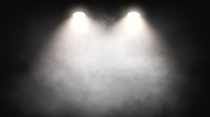 A dramatic stage scene with swirling mist and a single bright light casting long shadows.