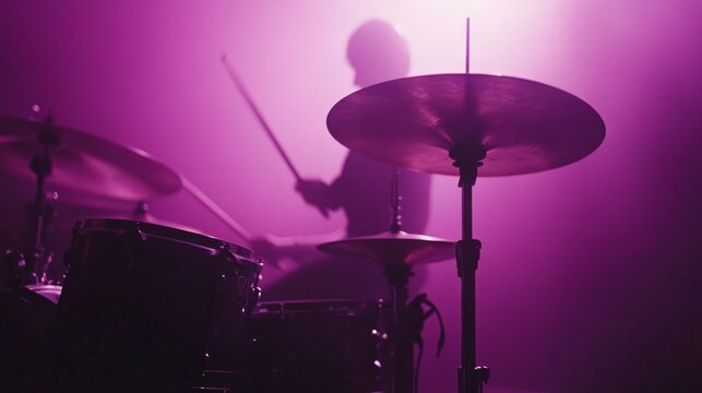Silhouette of a drummer performing on stage in purple light.