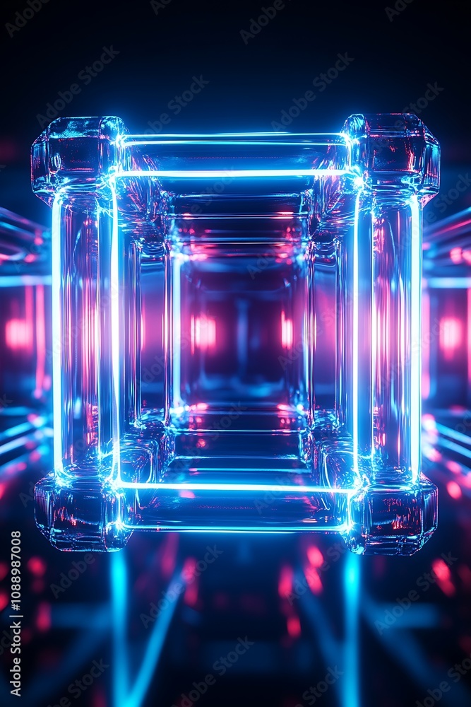 Poster abstract neon-lit geometric frame with glowing edges, creating a vibrant tunnel effect in a digital 