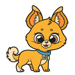Cute cartoon little puppy in a collar with a pendant on a white background