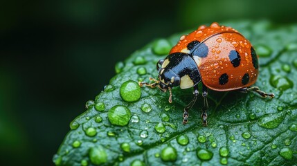 Naklejka premium Detailed close-up of red ladybug on green leaf, vibrant insect with black spots, nature macro photography, colorful beetle, outdoor wildlife shot, biodiversity