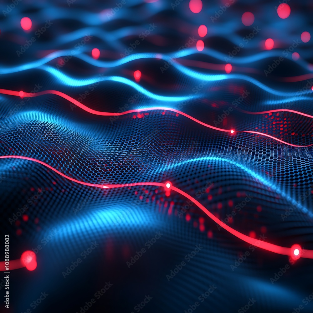 Aufkleber abstract representation of flowing waves with glowing red dots on a blue background, illustrating di