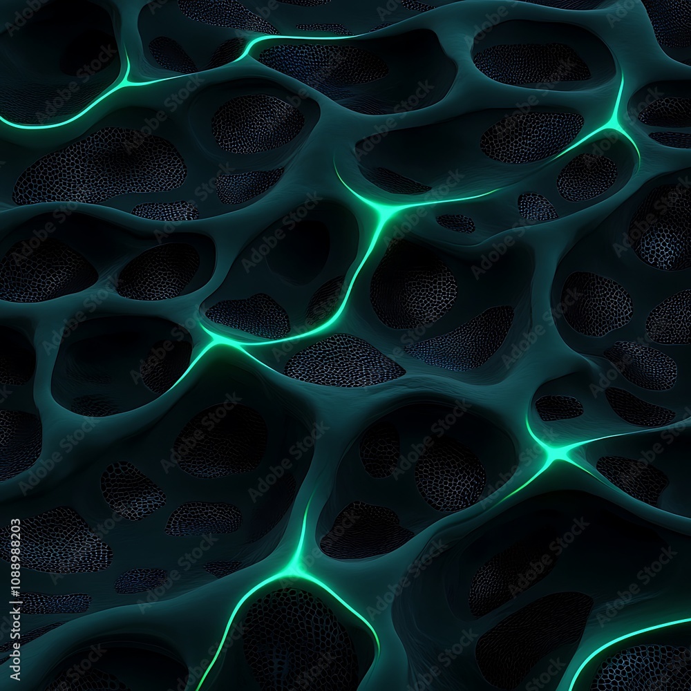 Poster abstract representation of fluid organic shapes with neon glow in a dark background for a futuristic