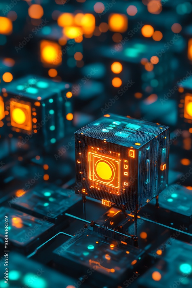 Poster abstract representation of interconnected digital cubes with glowing elements showcasing futuristic 