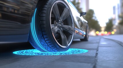 A sleek vehicle is parked on an urban street as its tire illuminates with a captivating blue glow, suggesting innovative technology.