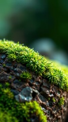 Vibrant green moss thrives on a dark rock surface during a sunny morning
