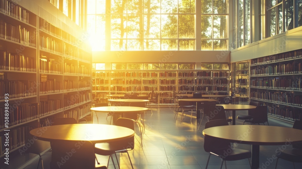 Poster warm light streaming through library windows over tables with chairs creating a cozy study atmospher