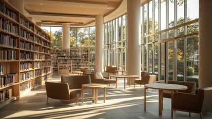 Modern and Inviting Library Interior with Natural Light, Cozy Seating Arrangements, and Expansive Windows Creating a Calm Atmosphere for Reading and Study