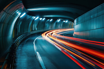 Fototapeta premium Dynamic light trails captured in a dimly lit urban tunnel, creating a striking contrast with the curved architecture and cool-toned surroundings.