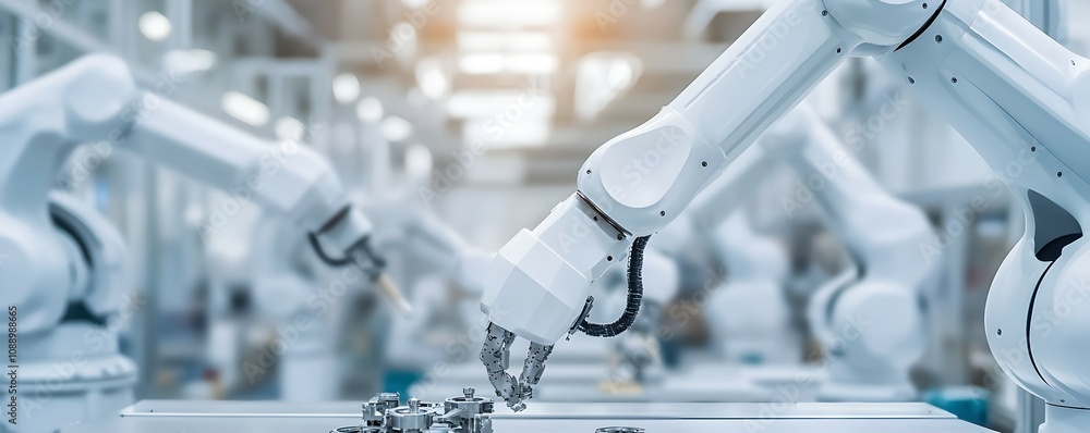 Poster advanced industrial automation with robotic arms - precision assembly in soft ambient light featurin