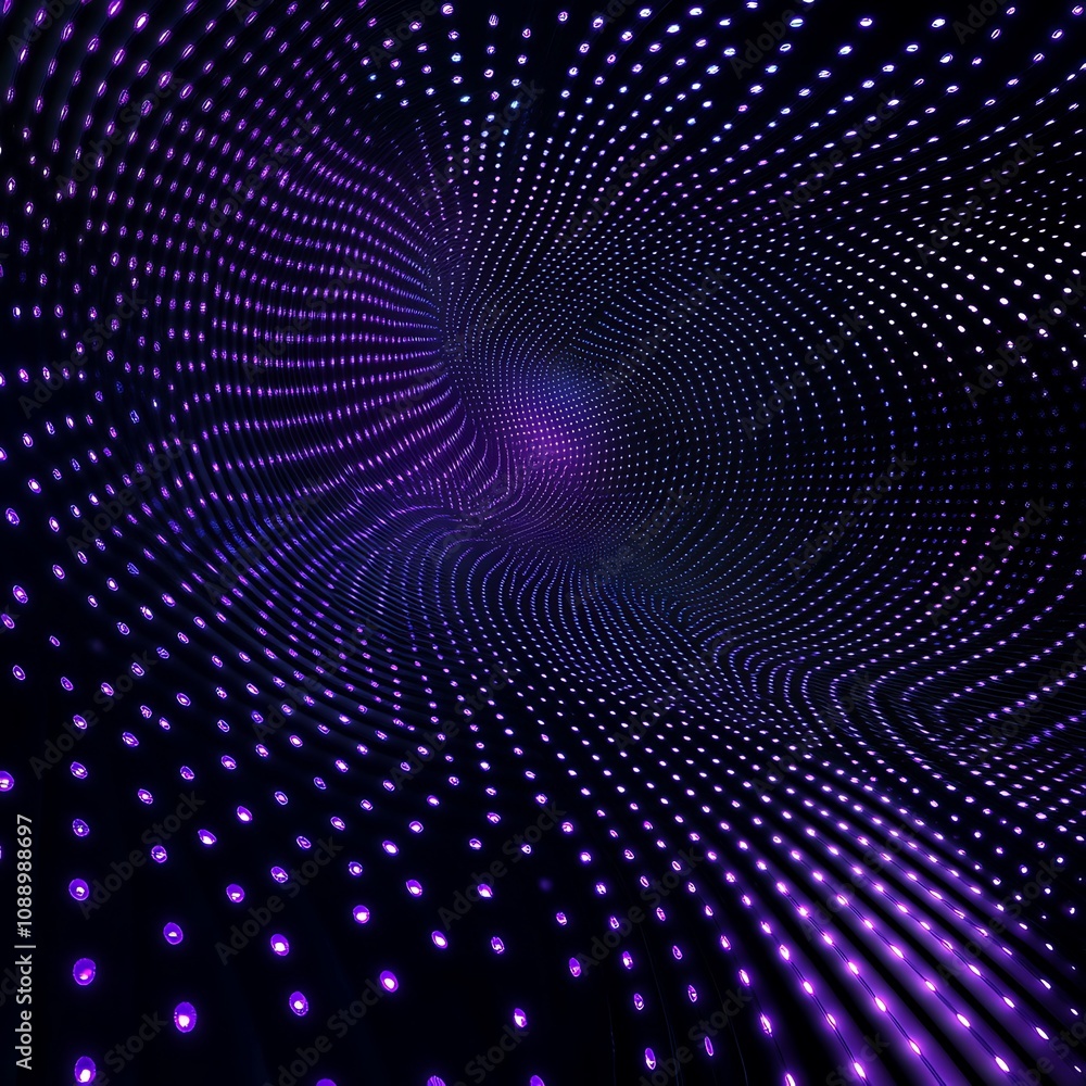 Poster abstract swirling tunnel with glowing purple dots in a dark environment, creating a mesmerizing illu