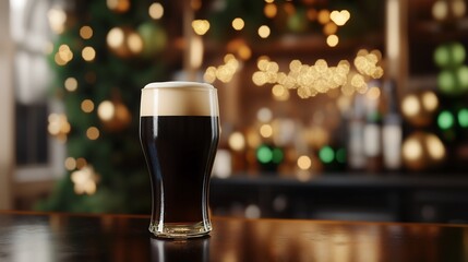 A close-up of a frothy pint of stout beer on a bar counter St Patrick's Day, with subtle green and gold decorations in the blurred background, soft lighting festive