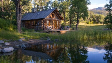 Rustic log cabin with open windows, lake reflections nearby