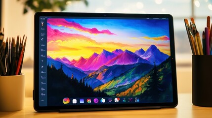 Vibrant Digital Artwork Displayed on Tablet with Colorful Mountains and Trees, Surrounded by Artistic Supplies in Creative Workspace