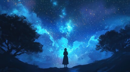 A person standing under a starry sky, gazing upward with hands clasped in prayer, surrounded by the vastness of the night celestial beauty.