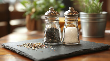 "Stock photo of salt and pepper shakers elegantly placed on a slate slab, adding a touch of sophistication to a dining or kitchen setting. Ideal for food styling, table settings, or culinary-themed im