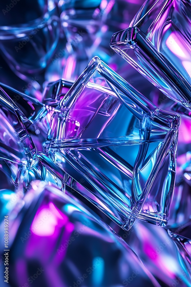 Poster abstract vibrant glass shapes with a mesmerizing interplay of purple and blue light creating a dynam